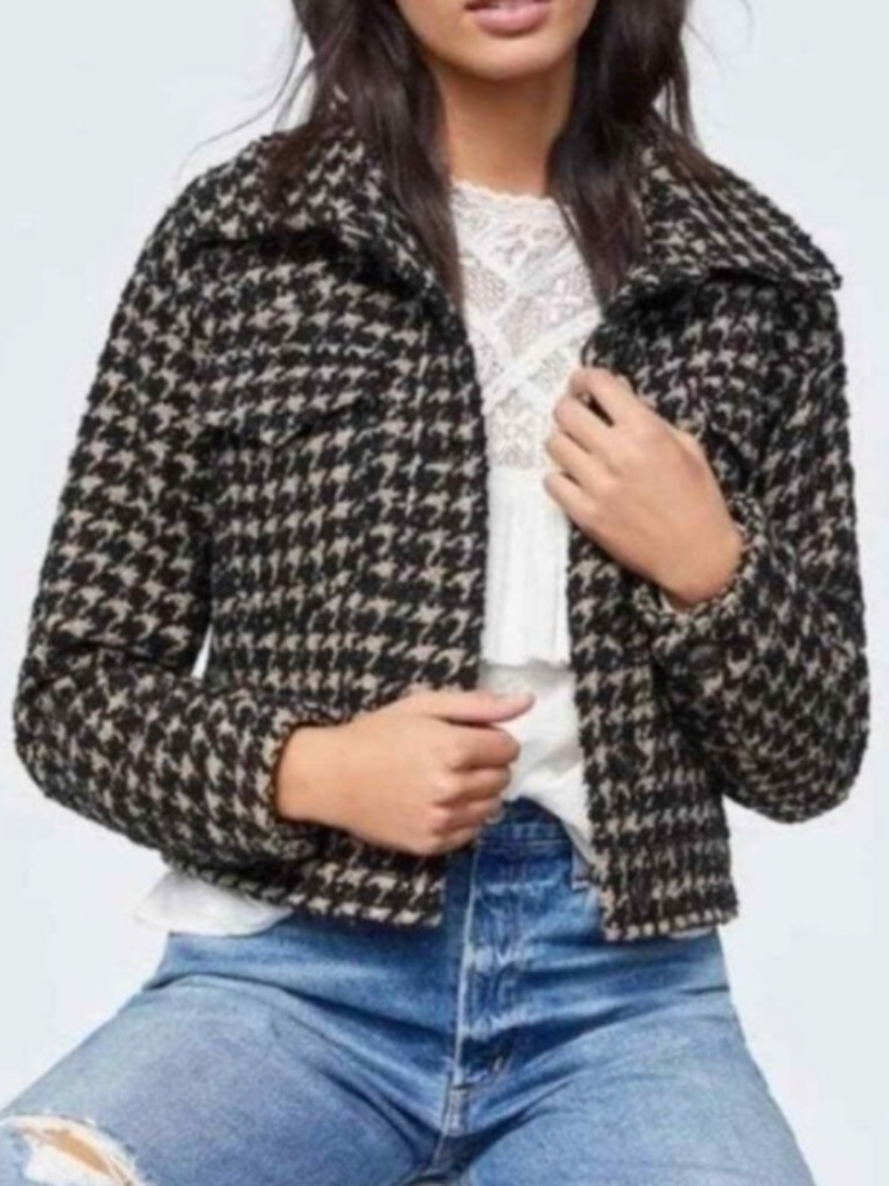 Anthropologie Lea Houndstooth Shimmer Cropped Coat Sz L - Picture 2 of 9